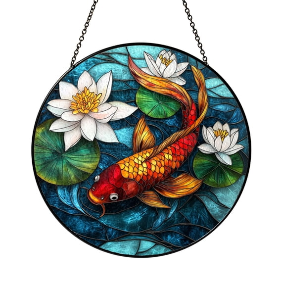 Stained Glass Koi Fish Window Hanging with Lotus Flowers, Tranquil Decor, Artistic Light Reflection