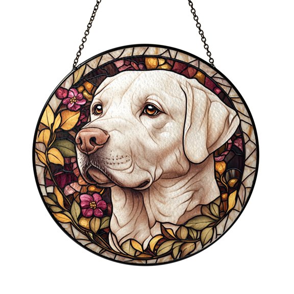 Stained Glass Labrador Window Panel Dog Breed Design with Botanical Elements Decorative Glass Art for Home Window Hanging