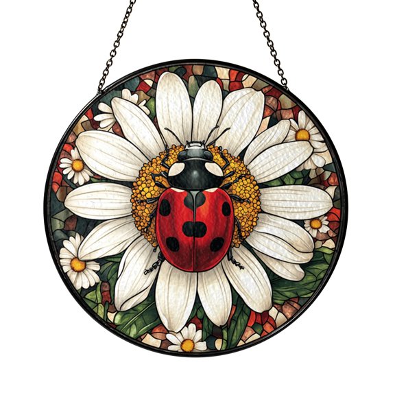 Stained Glass Ladybug Daisy Suncatcher, Window Hanging Floral Insect Art for Bright Home Decor