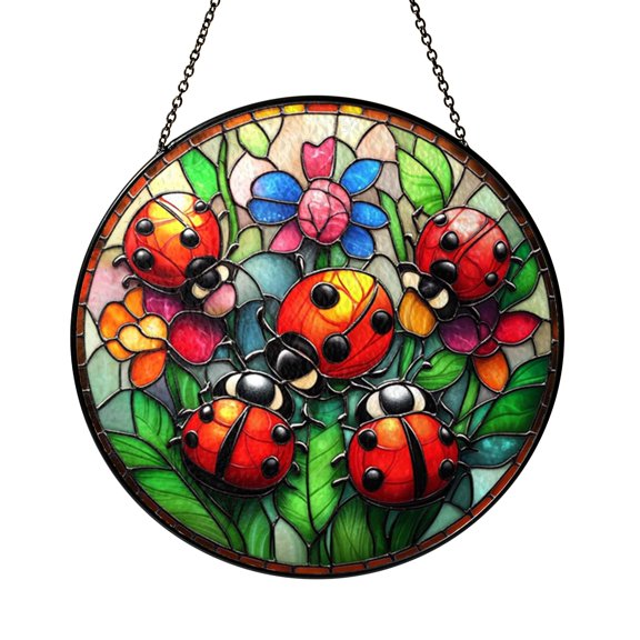 Stained Glass Ladybug Suncatcher Window Art, Floral Garden Design Panel, Cute Nature Inspired Home Accent