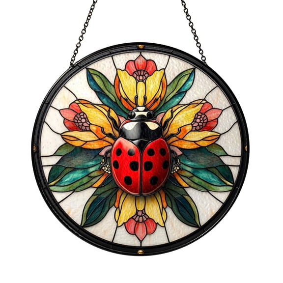 Stained Glass Ladybug Window Hanging Decor, Colorful Garden Inspired Art for Warm Living Spaces