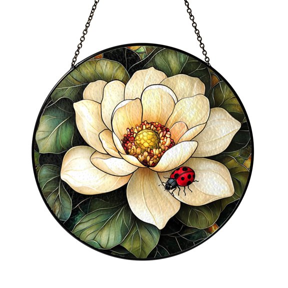 Stained Glass Ladybug Window Panel on White Flower, Colorful Nature Inspired Home Decor, Unique Window or Wall Accent, Gift Idea