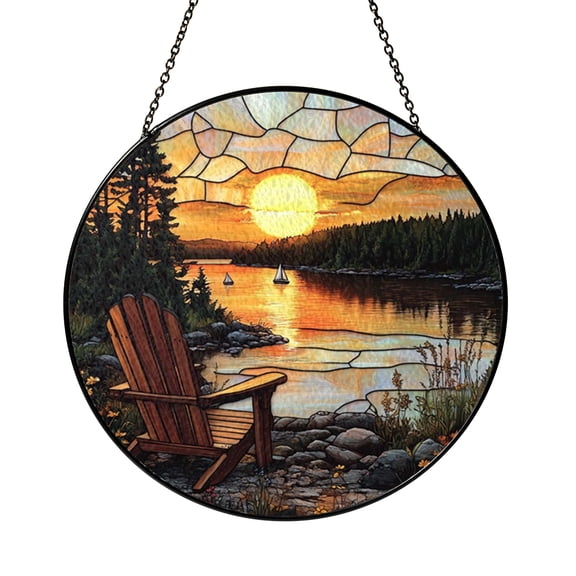 Stained Glass Lake Dock Suncatcher Window Hanging, Tranquil Nature Window Decor