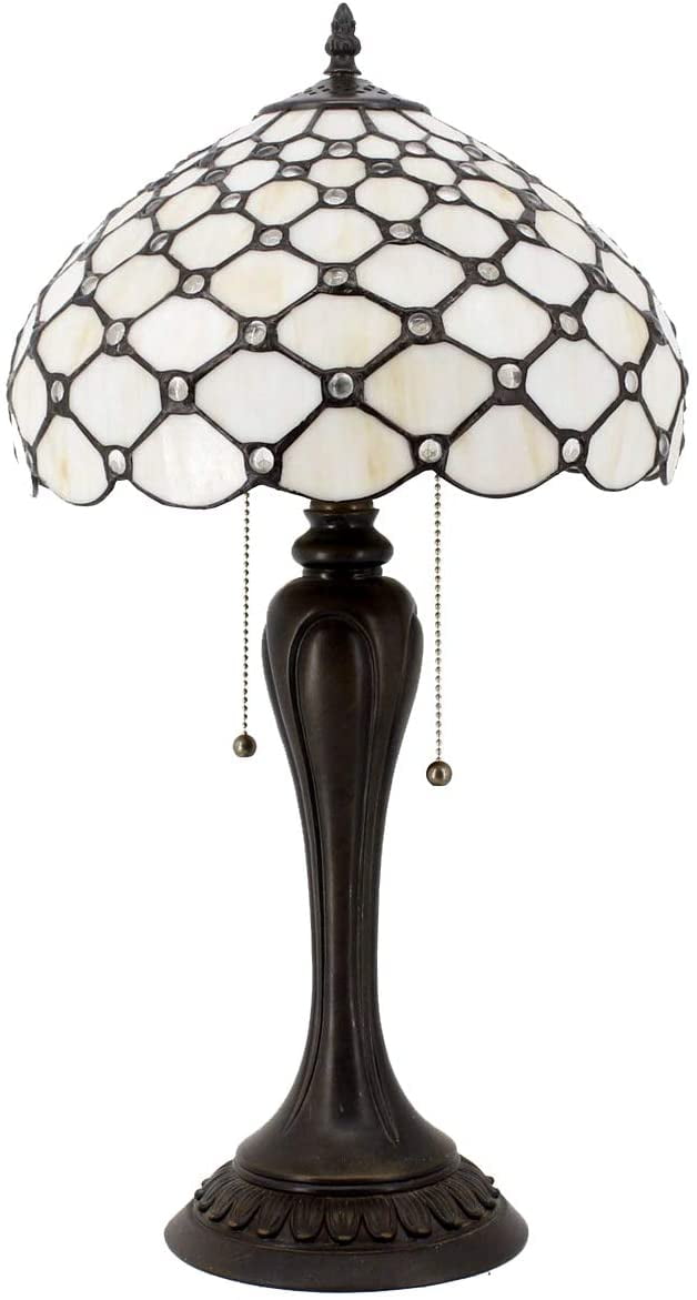 Stained Glass Lamp Bedside Tiffany Style Table Light Cream Pearl Bead Shade Antique Rustic Resin Base 22" Tall Friend Living Room Bedroom Desk Farmhouse Colorful Bohemian WERFACTORY Led Bulb Included