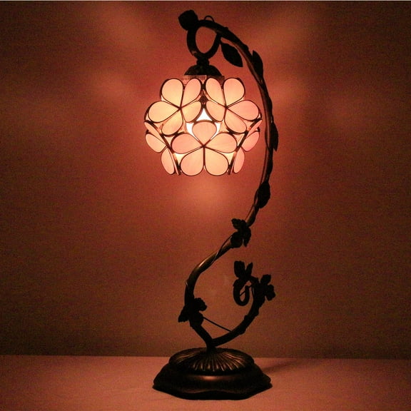 Stained Glass Lamp, Bedside Lamp, Tiffany Table Lamp, Pink Petal Copper Style Metal Leaf Base Reading Desk Light 21" Tall for Bedroom Living Room, Memory Lamp Sympathy LED Bulb Included