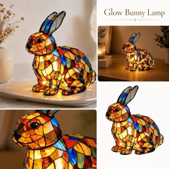 Stained Glass Lamp, Stained Glass Night Light, Easter Bunny Decor, Bunny Decor for Home, 6X6X4 Inch Resin Rabbit Shaped Led Warm Ambient Desktop Lighting for Tabletop Display,