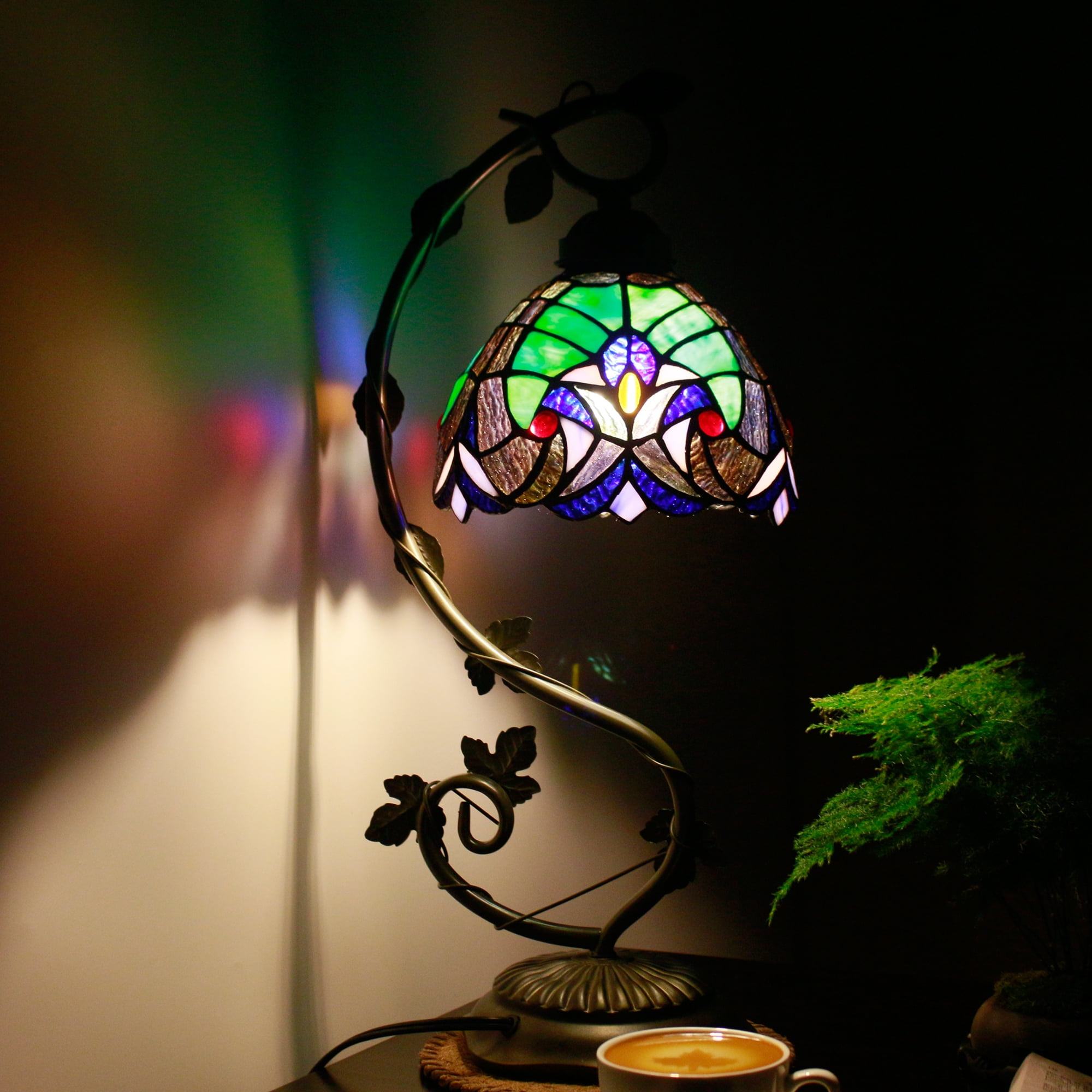 Stained Glass Lamp Tiffany Style Bedside lamp, Country Table Lamp with Retro Metal Leaf Thin Base 21"Tall, Green Liaison Banker Reading Desk Light for Bedroom Living Room WERFACTORY LED Bulb Included