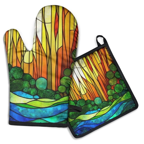 Stained Glass Landscape Kitchen Oven Mitt and Pot Holder Sets 2 Pcs for Baking, Cooking and Grilling, Heat Resistant Up To 392 °F