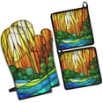 thumbnail image 1 of Stained Glass Landscape Kitchen Oven Mitt and Pot Holder Sets 4 Pcs for Baking, Cooking and Grilling, Heat Resistant Up To 392 °F, 1 of 7