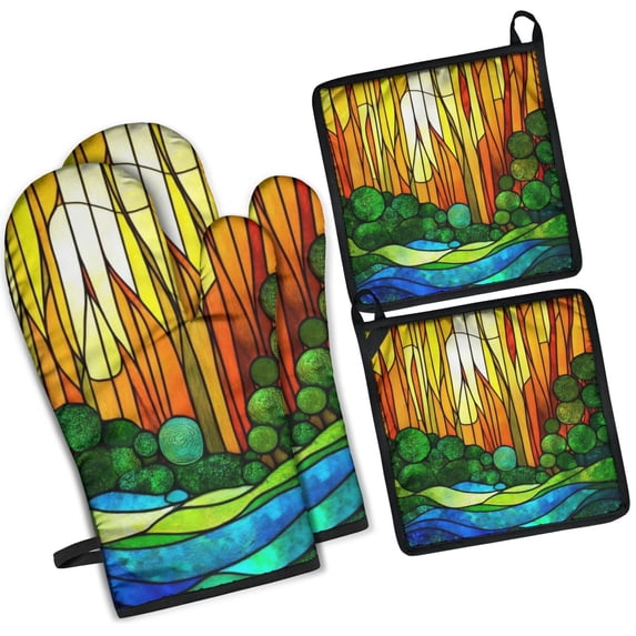 Stained Glass Landscape Kitchen Oven Mitt and Pot Holder Sets 4 Pcs for Baking, Cooking and Grilling, Heat Resistant Up To 392 °F