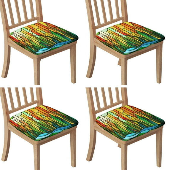 Stained Glass Landscape Seat Covers for Dining Room Chairs Set Of 4,Stretch Printed Washable Chair Seat Cover with Elastic Ties and Button,Removable Waterproof Couch Cushion Covers