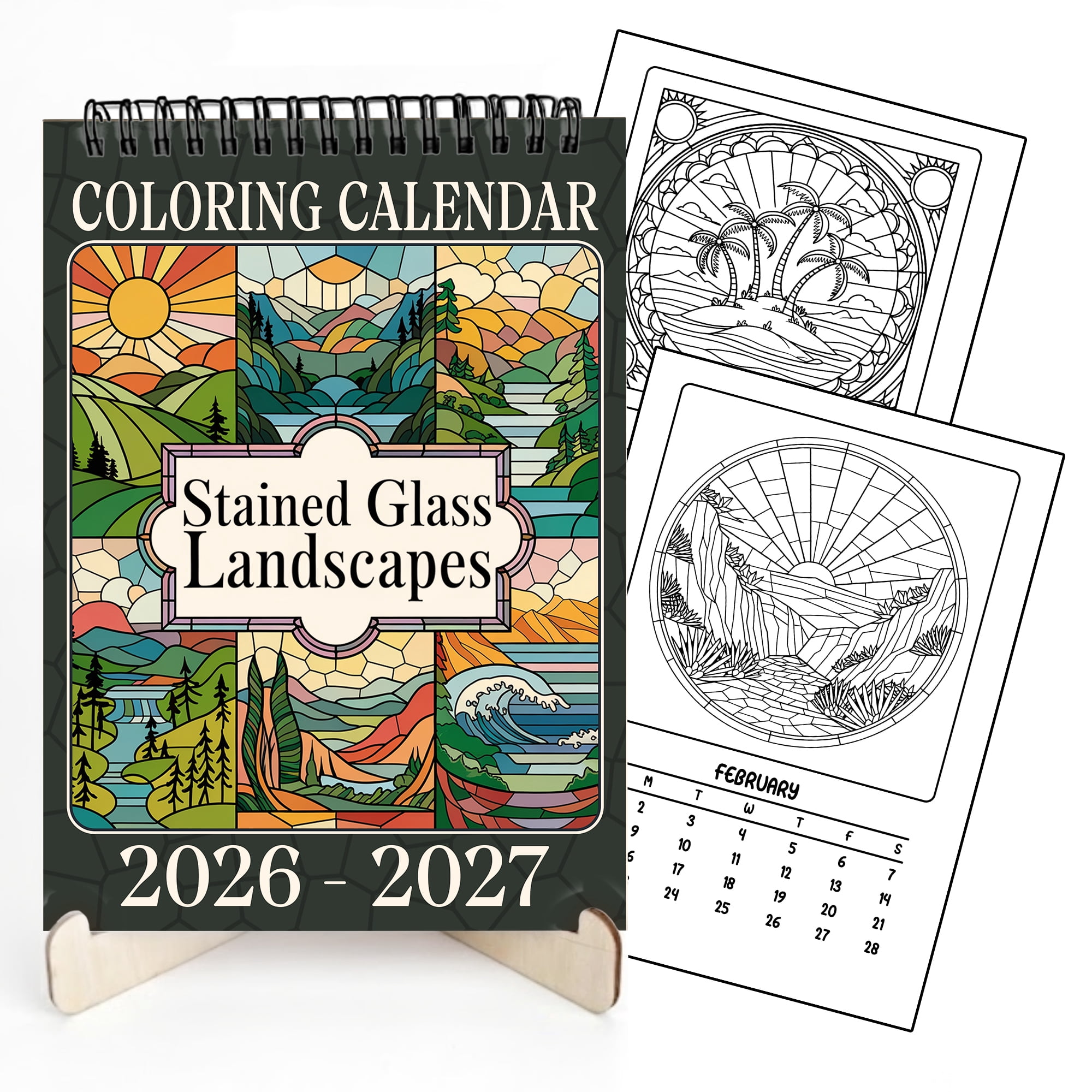 Stained Glass Landscapes Coloring Desk Calendar 2026–2027, A5 Wooden Cover Planner with 26 Easy Coloring Pages for Adult Relaxation, 24 Month Desktop Calendar with Stand, Gift for Family & Friends