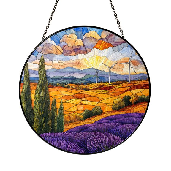 Stained Glass Lavender Fields Round Suncatcher Window Hanging Blue Sky Art Panel for Home Decor Lovely Nature Inspired Display