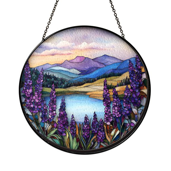 Stained Glass Lavender Meadow Suncatcher, Window Art with Peaceful Countryside Scene