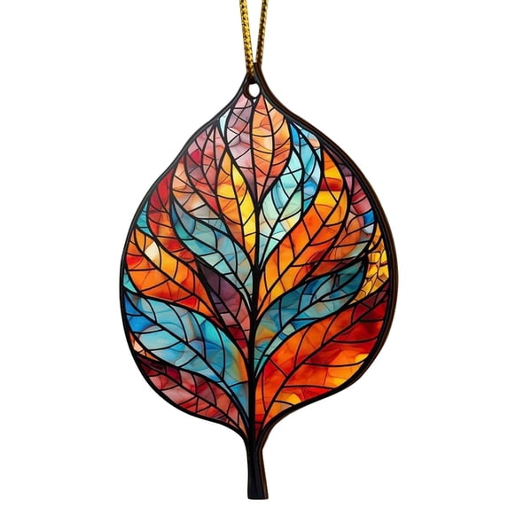 Stained Glass Leaf Ornaments, 3.14 inch Colorful Acrylic Fall Pendants, Flat Printed Christmas Hanging Charms, Gold Cord Decorations, Autumn Wreath Embellishments, Xmas Tree Home Holiday Decor
