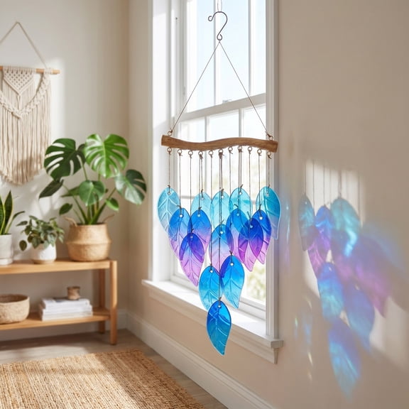 Stained Glass Leaf Wind Chimes Colorful Gradient Hanging Window Suncatcher Wooden Top Windchime For Indoor Wall Decor Patio Porch Ornament And Garden Outdoor