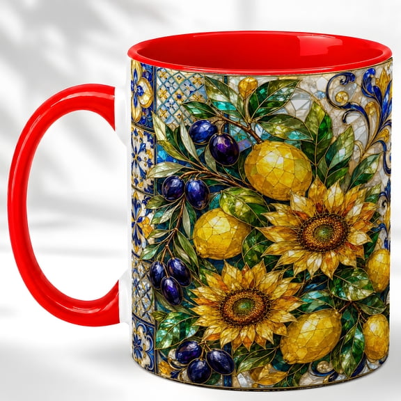 Stained Glass Lemon Coffee Mug, Sunflower Botanical Mug, Ceramic Cup