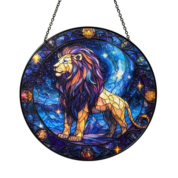 Stained Glass Leo Suncatcher with Circular Astrology Composition, Decorative Window Art for Fire Sign Style