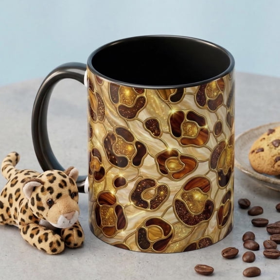Stained Glass Leopard Print Mug, Gold Cheetah Coffee Cup, Luxury Animal Print Gift, Glam Mosaic Tea Mug, Trendy Desk Decor For Her Gifts
