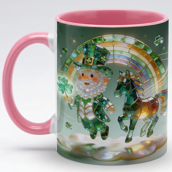 Stained Glass Leprechaun Horse Ceramic Mug - Rainbow Shamrock Irish Art Coffee Cup, St Patrick's Day Gift for Mom Dad Friends Family