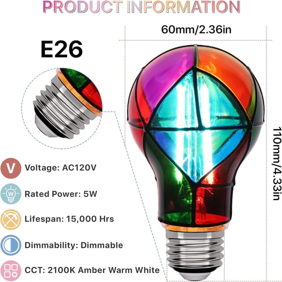 Stained Glass Light Bulb 5W Dimmable, Colorful Painted Mosaic Lightbulb A19 E26 Base, LED Colored Edison Light Bulb for Party Christmas Halloween Porach 2 Pack