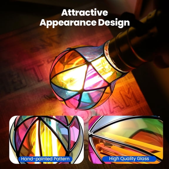 Stained Glass Light Bulb: Colorful Mosaic Light Bulbs, A19 Rainbow Painted E26 Edison Bulbs 40 Watt, Decorative Colored Light Bulbs for Christmas, Bedroom, Front Porch, 2 Pack