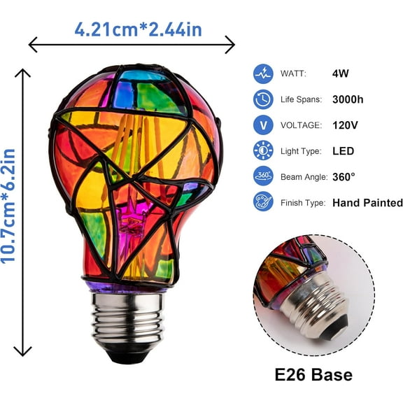 Stained Glass Light Bulb,Rainbow Painted Light Bulb,Mosaic Light Bulb,4W 120V,Multi Colored Colorful Light Bulb Indoor,Fun Romantic Light Bulbs,Unique Decorative Light Bulbs