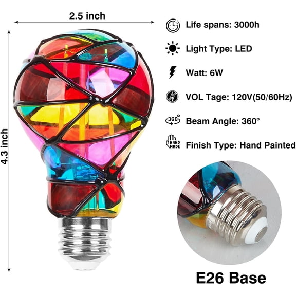 Stained Glass Light Bulb, Stained Glass Lamp,Color Changing Light Bulb, Dimmable 6W 120V E26,Decorative Lights,Cool Light Bulbs,Colorful Light Bulb 2 Pack