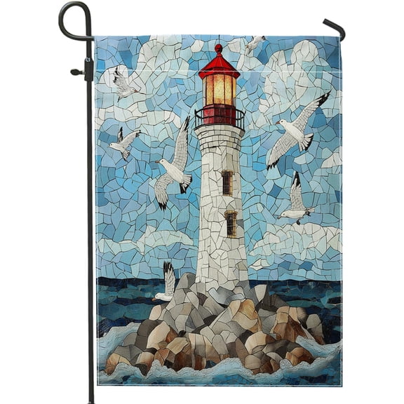 Stained Glass Lighthouse Front Yard Backyard Burlap Garden Flags 12x18 Double Sided for Outside, Seagulls Nautical Scenic Small House Flags, Cool Home Porch Lawn Flags