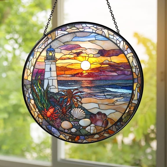 Stained Glass Lighthouse Suncatcher Window Hanging Home Decor Beach Sunset Crab Seashell