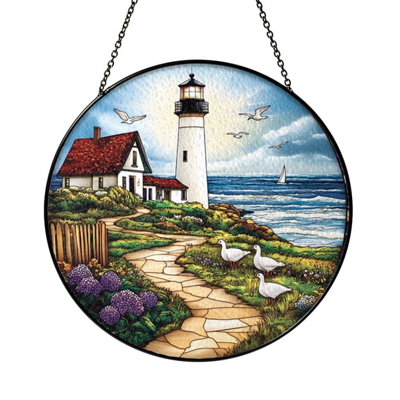 Stained Glass Lighthouse Suncatcher Window Hanging, Seaside Coastal Scene Window Decor for Home