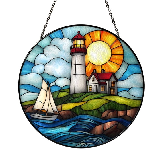 Stained Glass Lighthouse with Sailboats Window Panel, Ocean and Sunset Inspired Decor, Window or Wall Accent, Unique Gift Idea