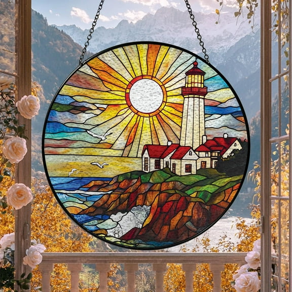 Stained Glass Lighthouses, Lighthouse Suncatcher Hanging, Housewarming Gift, Beach Decor, Sunset Ocean Suncatcher, Ocean Lover Gift