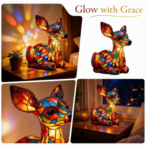 Stained Glass Lighting, Mosaic Deer Light, Stained Glass Animal Lamp, Fawn Bedside Light, Compact 6X5.5X4 Inch Resin Led Tabletop Nightlight Lamp for Soft Ambient Glow