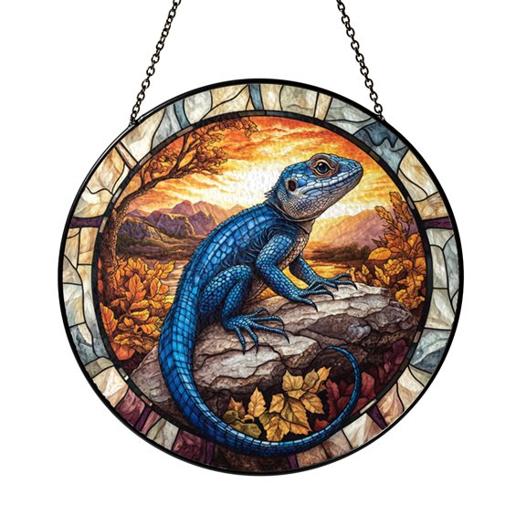 Stained Glass Lizard Panel Blue Reptile Rock Sunset Window Decor Vibrant Exotic Accent