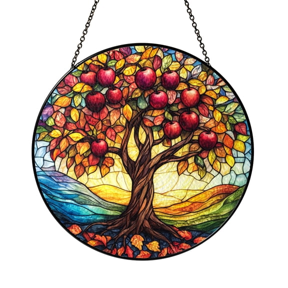 Stained Glass Look Apple Orchard Round Sun Catcher Window Panel