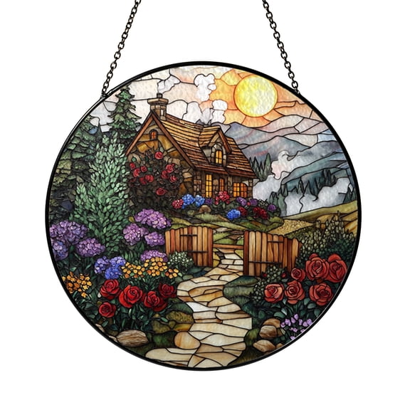 Stained Glass Look Fairy Cottage Round Sun Catcher Window Panel