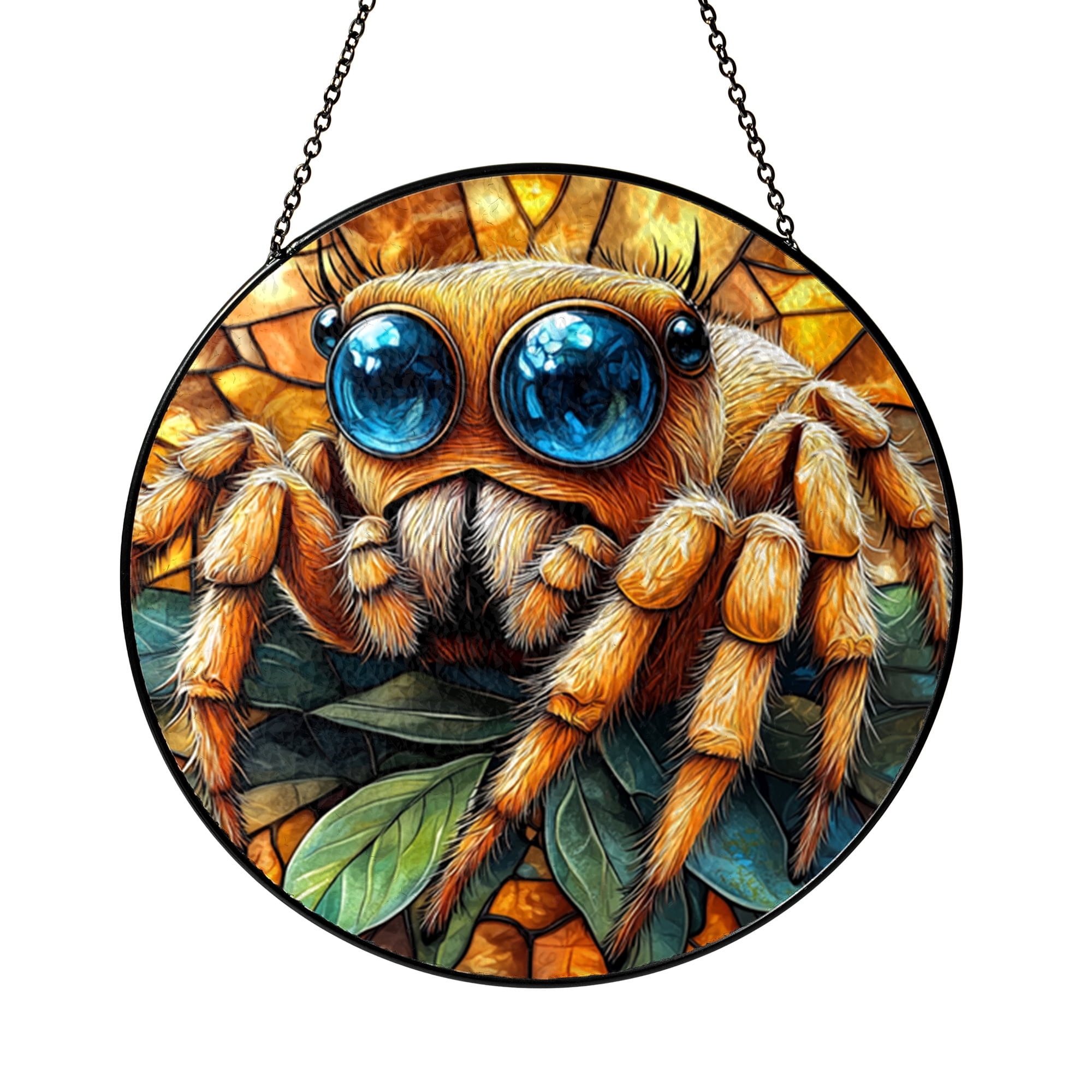 Stained Glass Look Jumping Spider Panel, Real Glass Decorative Ornament