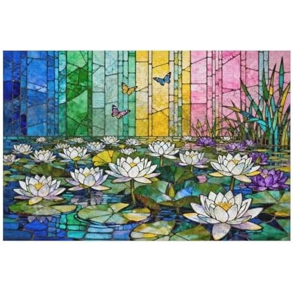 Stained Glass Lotus Jigsaw Puzzles 500 Pieces for Adults, Pink Floral Mosaic Artwork with Letters on Back, Challenging Game Night Activity, Wall Art Decor
