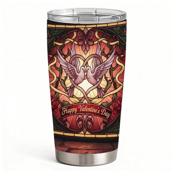 Stained Glass Love Birds Valentine’s Day Tumbler, Double-Wall Insulated Stainless Steel Travel Mug, Romantic Gift for Her