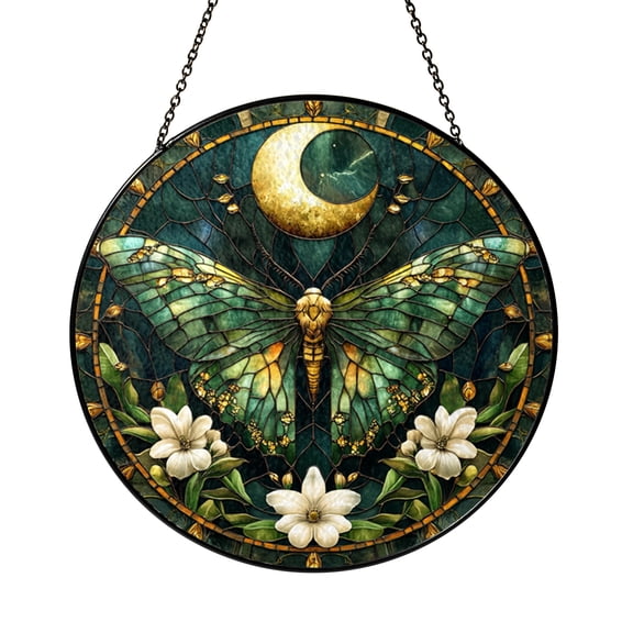 Stained Glass Luna Moth Panel Moonlit Night Design Window Hanging Elegant Nature Art