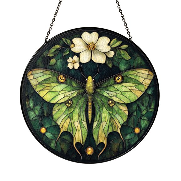 Stained Glass Luna Moth Roundel Night Inspired Insect Window Decor Hanging Elegant Nature Accent
