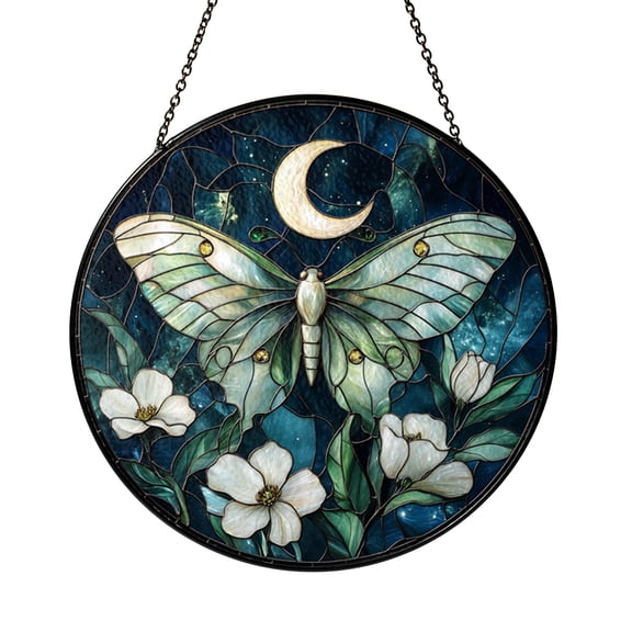 Stained Glass Lunar Moth Moon Scene Suncatcher, Round Night Sky Window Hanging Decor, Nature Glass Art Panel