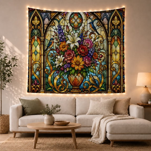 Stained Glass Lush With Bouquet Flowers Held Ornate, Spooky Gothic for Gothic Decor Fans, Dark Art Decor, Halloween Gift, Tapestry Wall Hanging for Bedroom and Dorm