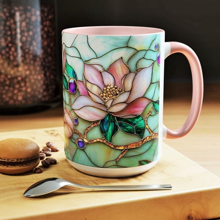 Stained Glass Magnolia Ceramic Mug: Floral Art Coffee Cup