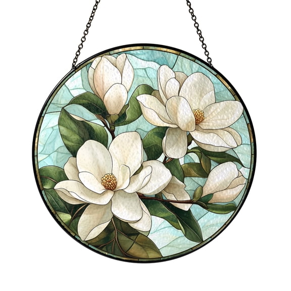 Stained Glass Magnolia Tree Window Hanging Featuring Flowing Branches and Soft Flower Details