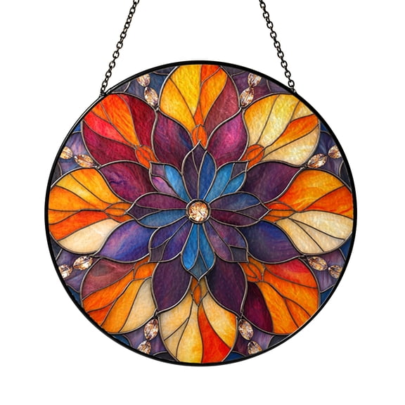 Stained Glass Mandala Round Suncatcher Window Hanging Art Panel for Home Decor Vibrant Geometric Design