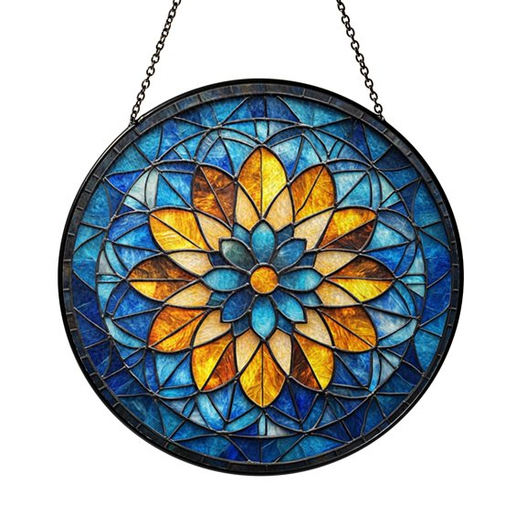 Stained Glass Mandala Suncatcher with Circular Geometric Design, Decorative Boho Inspired Window Art