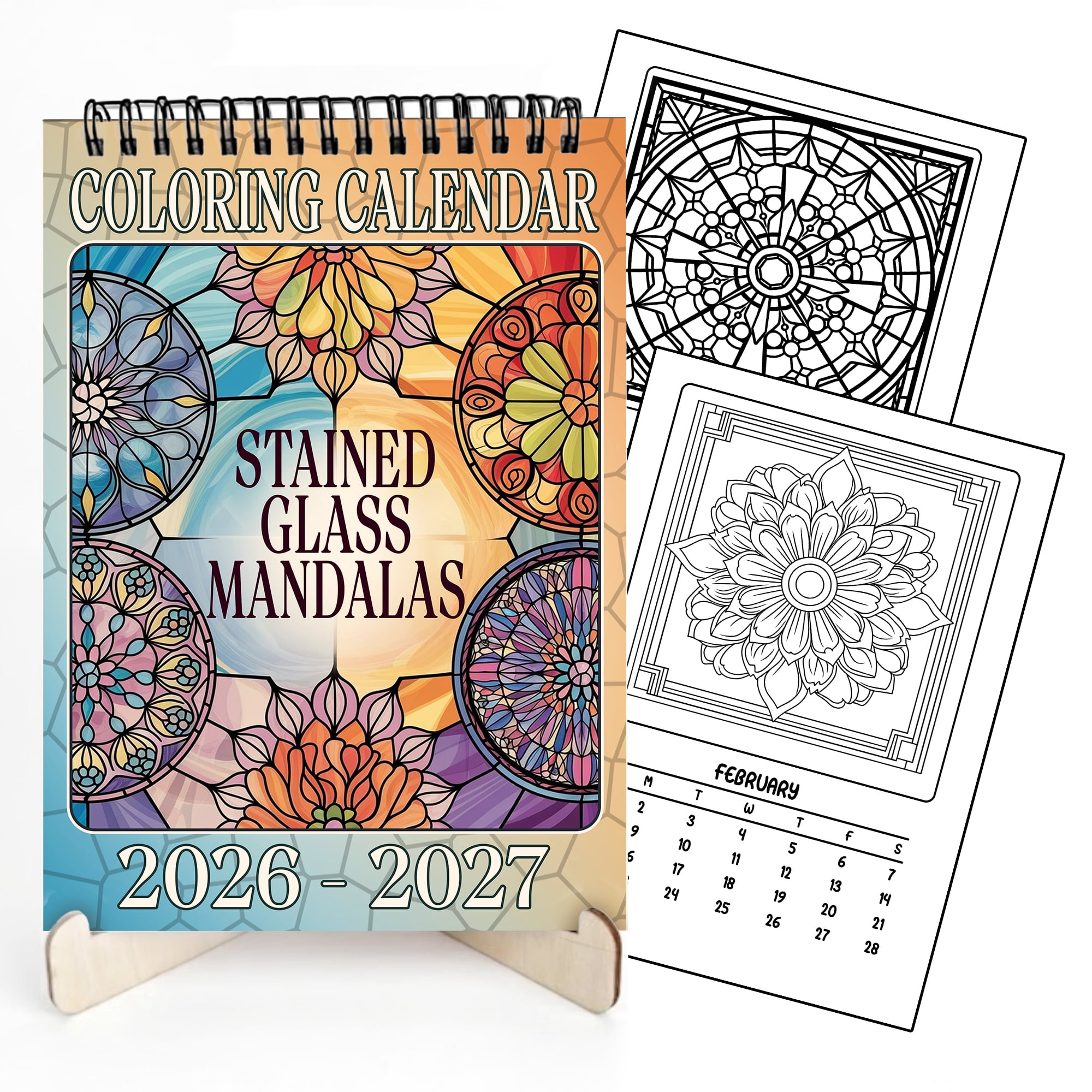 Stained Glass Mandalas Coloring Desk Calendar 2026–2027, A5 Wooden Cover Planner with 26 Easy Coloring Pages for Adult Relaxation, 24 Month Desktop Calendar with Stand, Gift for Family & Friends