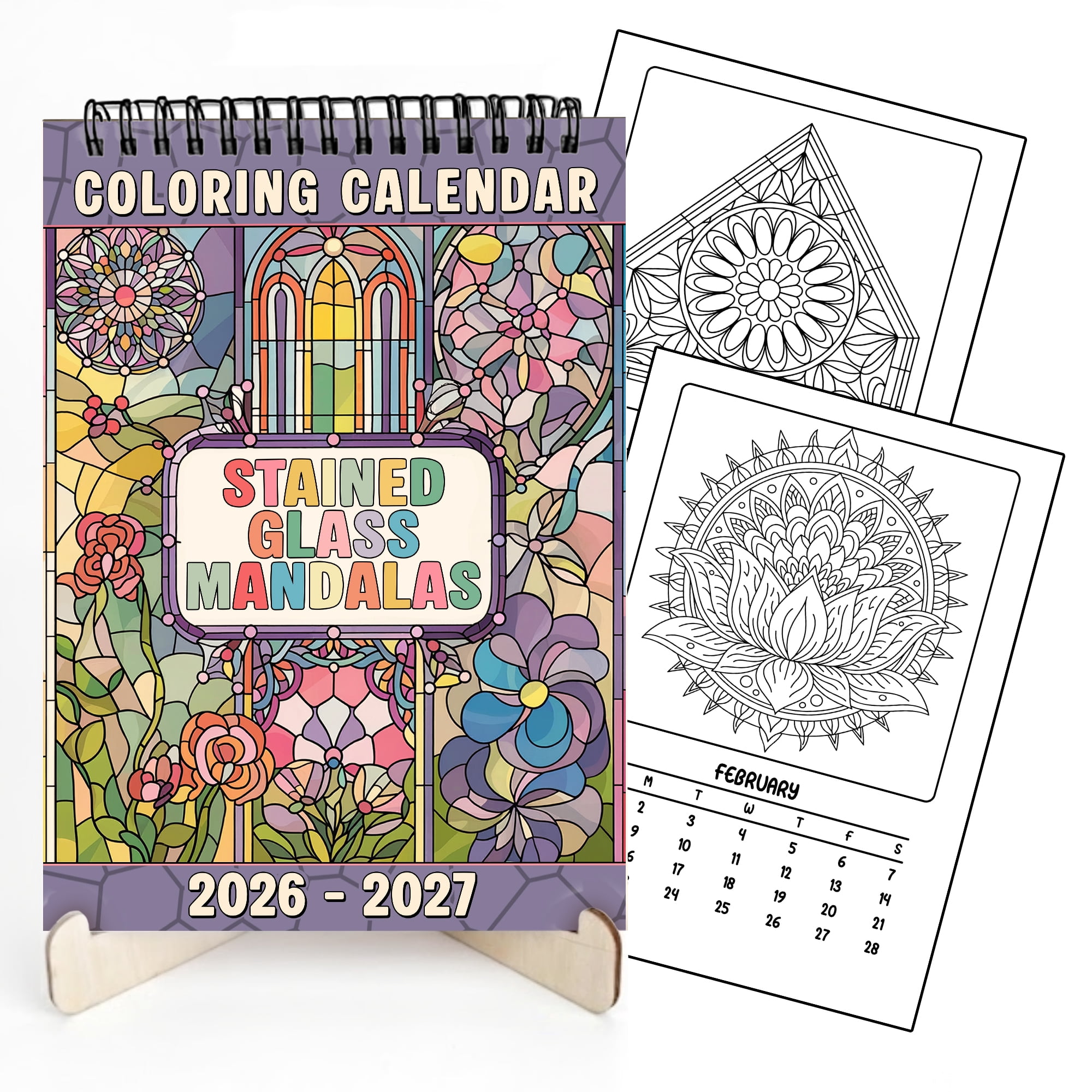 Stained Glass Mandalas Coloring Desk Calendar 2026–2027, A5 Wooden Cover Planner with 26 Easy Coloring Pages for Adult Relaxation, 24 Month Desktop Calendar with Stand, Gift for Family & Friends